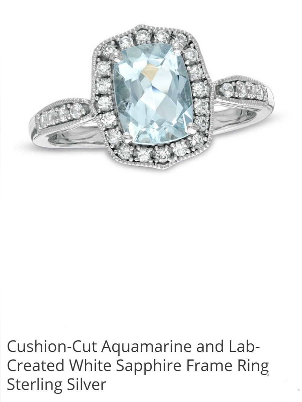 Zales Sterling Silver Light Blue Aquamarine Cushion Halo Ring